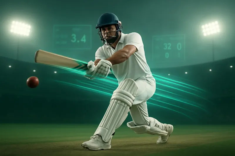 Cricket athlete in motion with neon speed trail and floating scoreboard