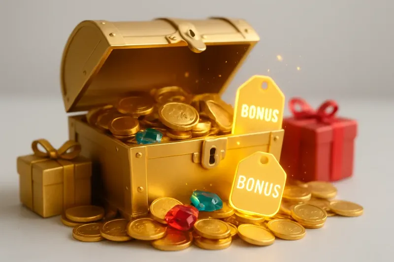 Golden treasure chest bursting with coins, gems, gifts, and glowing bonus tags