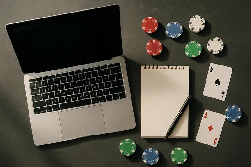 Flat lay laptop with casino chips, cards, and notepad on slate