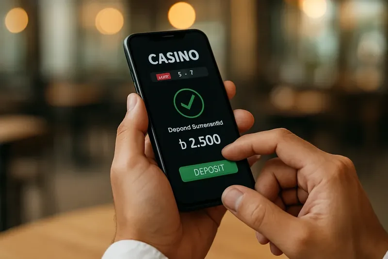 Man typing on smartphone casino app showing BDT deposit confirmation