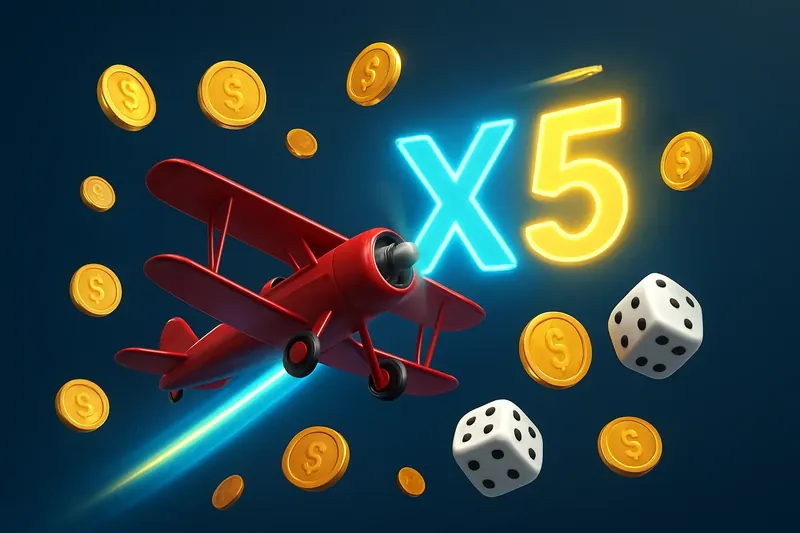 Red airplane soaring with glowing multiplier trail, coins and dice floating