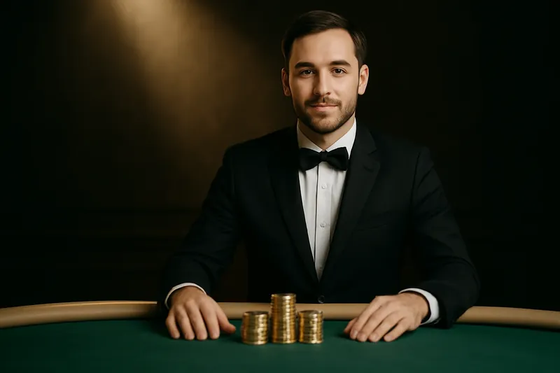 Professional dealer behind green felt table with golden chips under spotlight