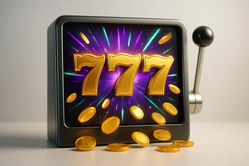 Slot machine jackpot with golden 777, coins, and neon light beams